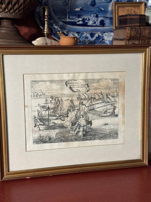 1701 Italian Naval Engravings Presa della Galea di Simain Rais Corsaro Rare Early 18th Century