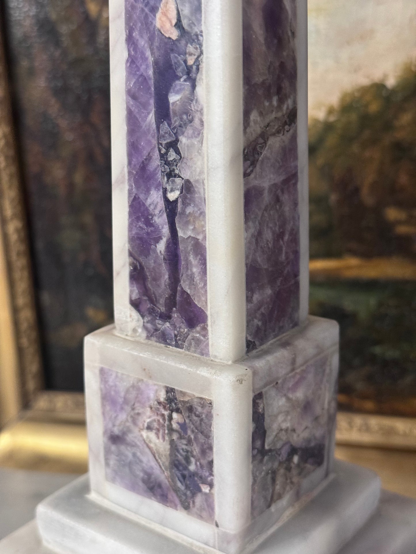 19th Century Italian Amethyst and White Marble Obelisks 16” Pair