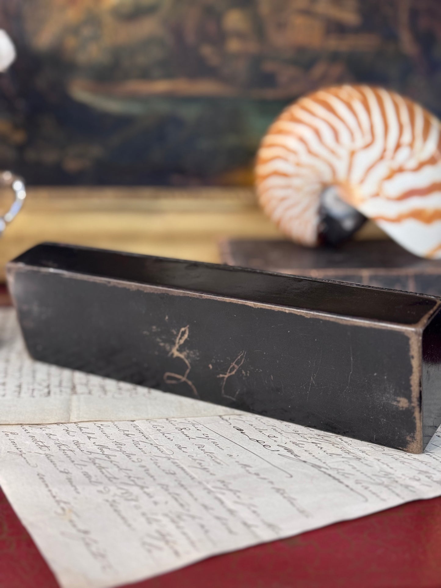 Antique Black Lacquer Desk Box with Iridescent Abalone Inlay 8”