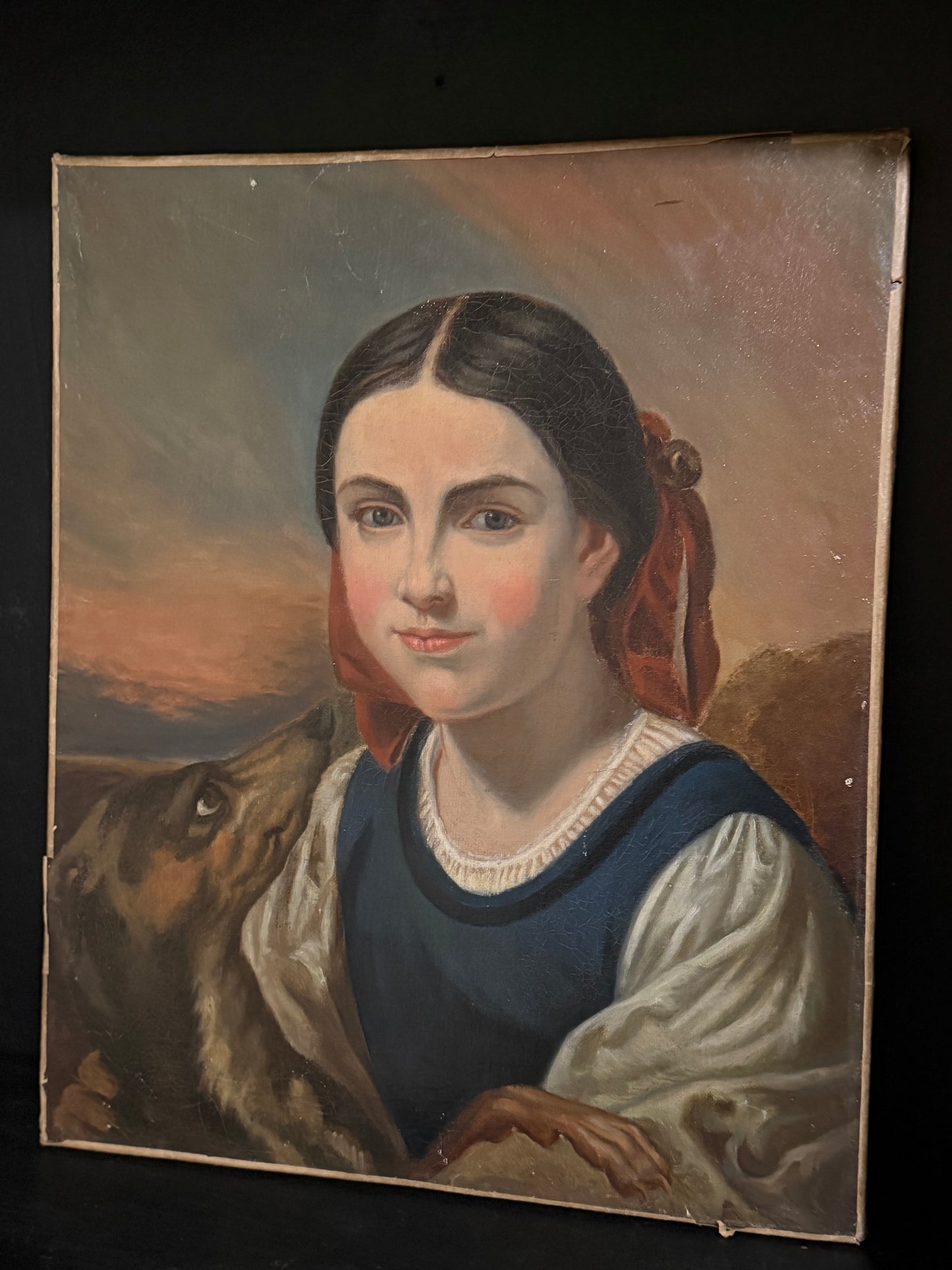 Reserved 19th c. Oil Painting of Woman with Dog