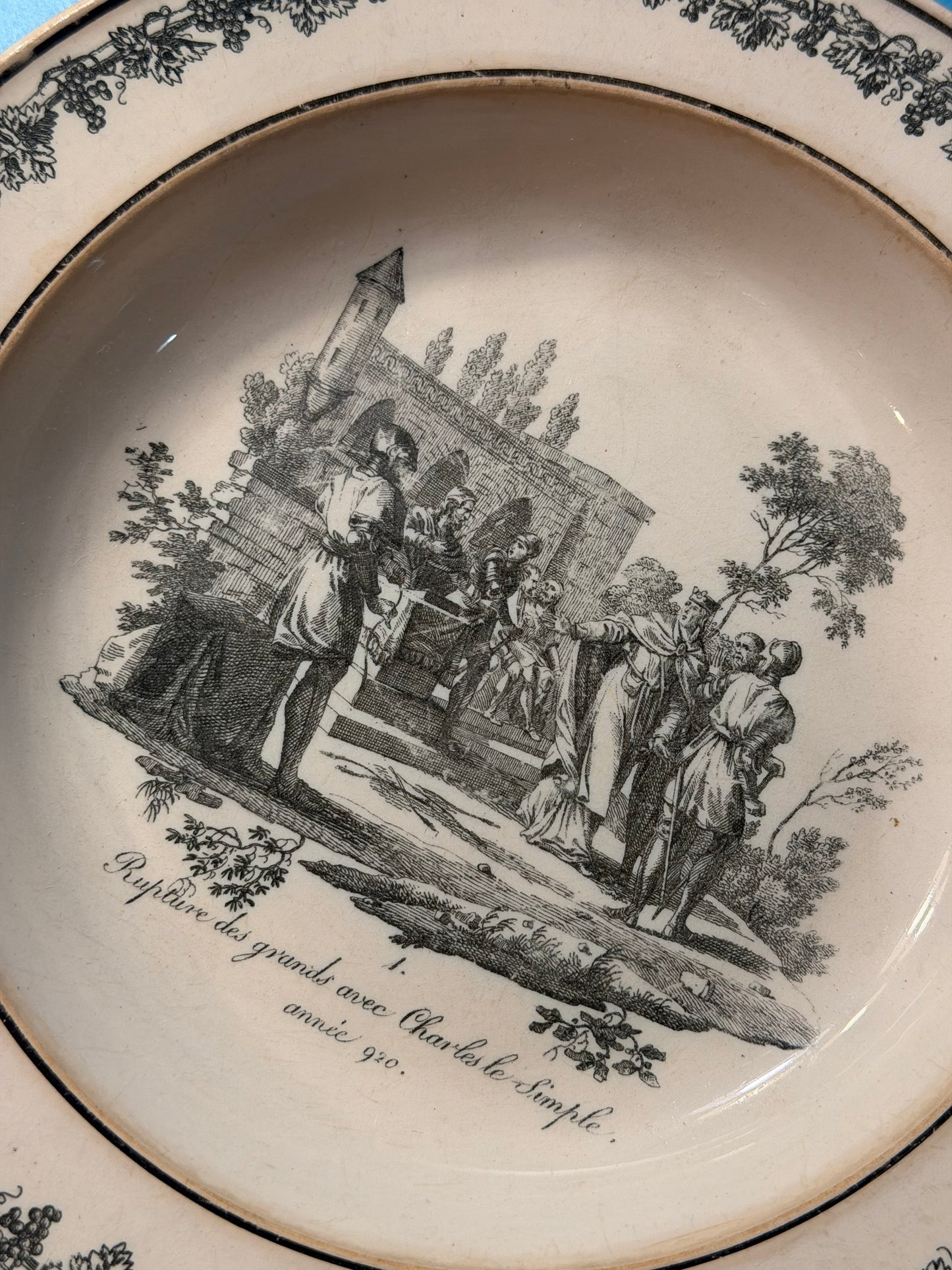 Early 19th Century French Creil Creamware Transferware Shallow Bowl | Rupture des Grands avec Charles le Simple