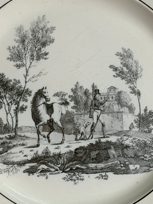Antique French Creil Black Transferware Hunt Scene Plate with Hunter, Horse & Hound, 8.25”