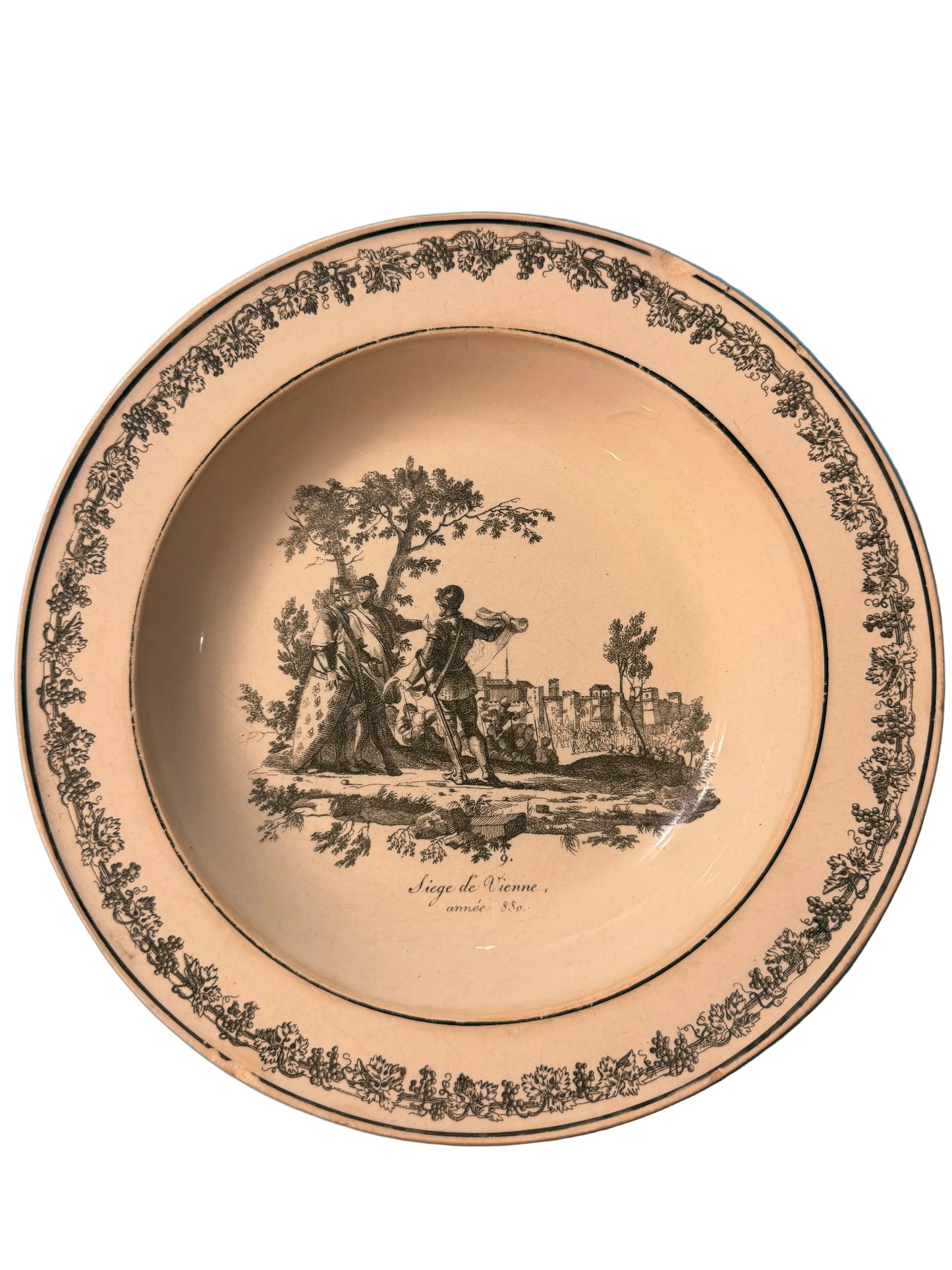 Early 19th Century French Creil Creamware Transferware Shallow Bowl | Siège de Vienne