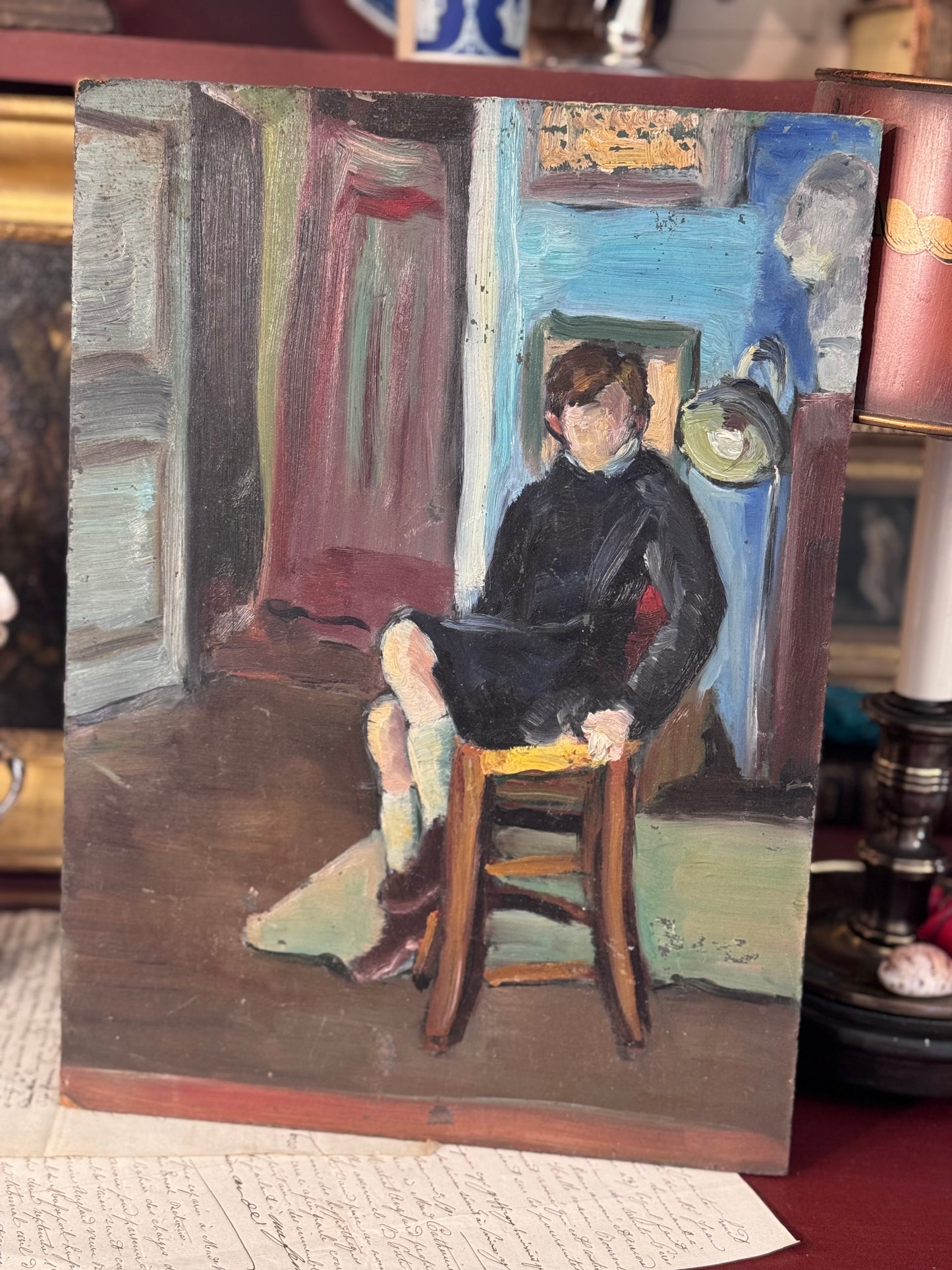 Paris Market Oil Painting of Seated Boy Interior Scene