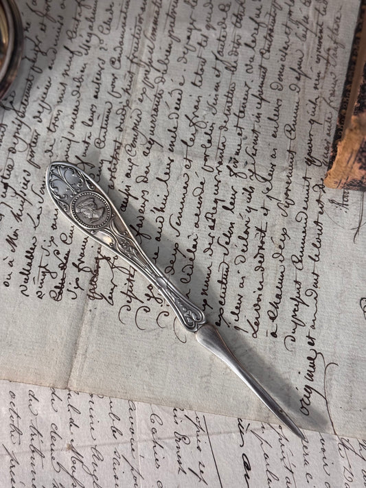 English Silver Plate Letter Opener with Classical Profile Medallion