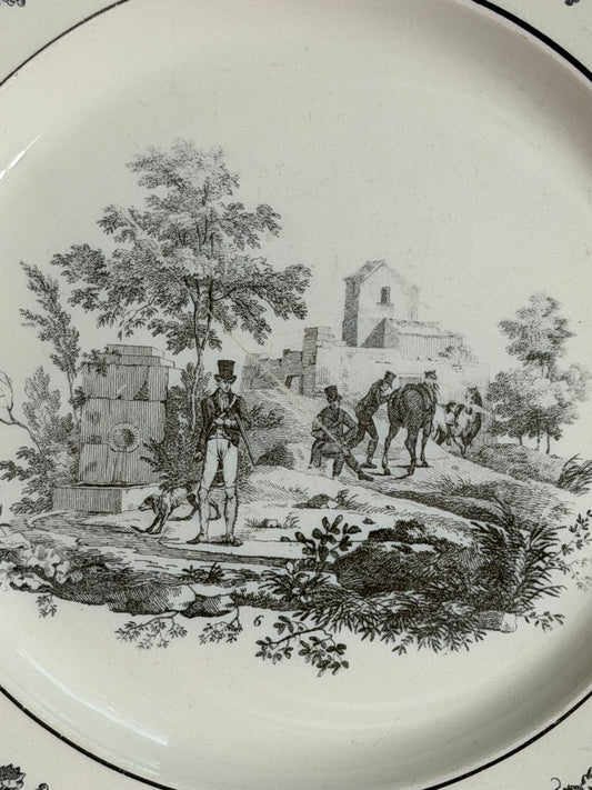 Antique French Creil Black Transferware Hunt Scene Plate with Huntsman, Horses & Hounds, 8.25”
