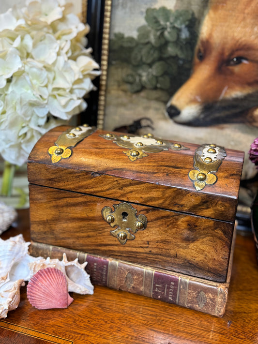 Antique 19th Century Dome-Top Box with Bone & Brass Fixtures