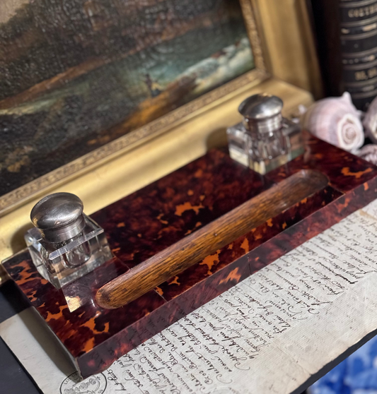 19th Century Tortoiseshell Double Inkwell with Faceted Crystal Wells