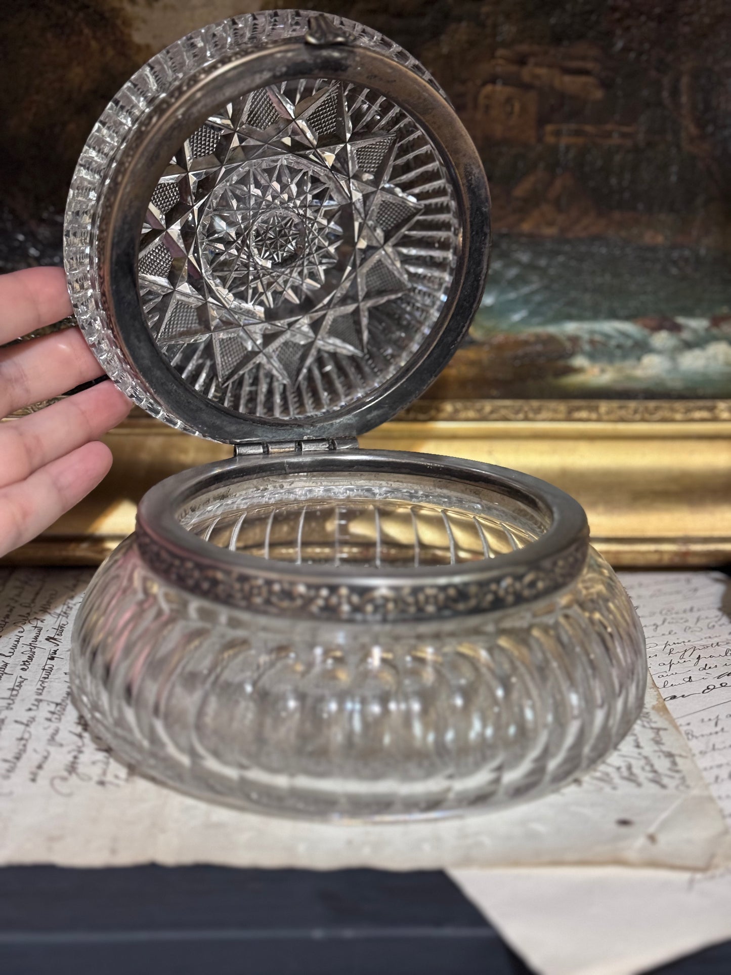 Antique American Brilliant Cut Crystal Hinged Casket with Ornate  Mount