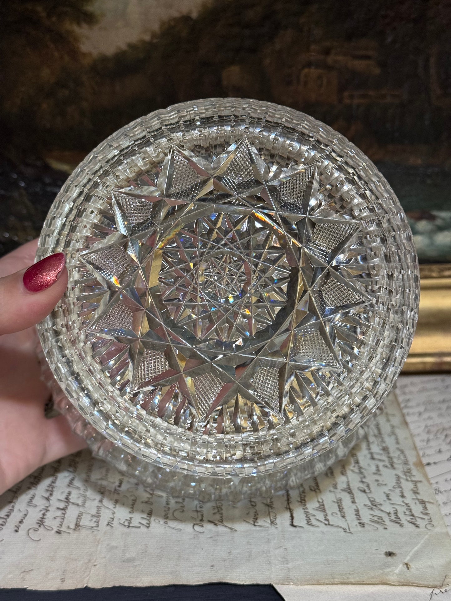 Antique American Brilliant Cut Crystal Hinged Casket with Ornate  Mount