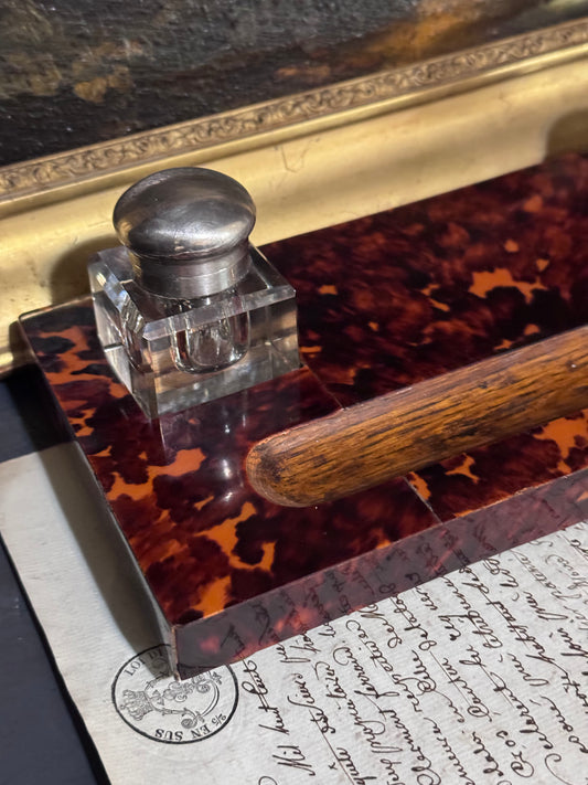 19th Century Tortoiseshell Double Inkwell with Faceted Crystal Wells