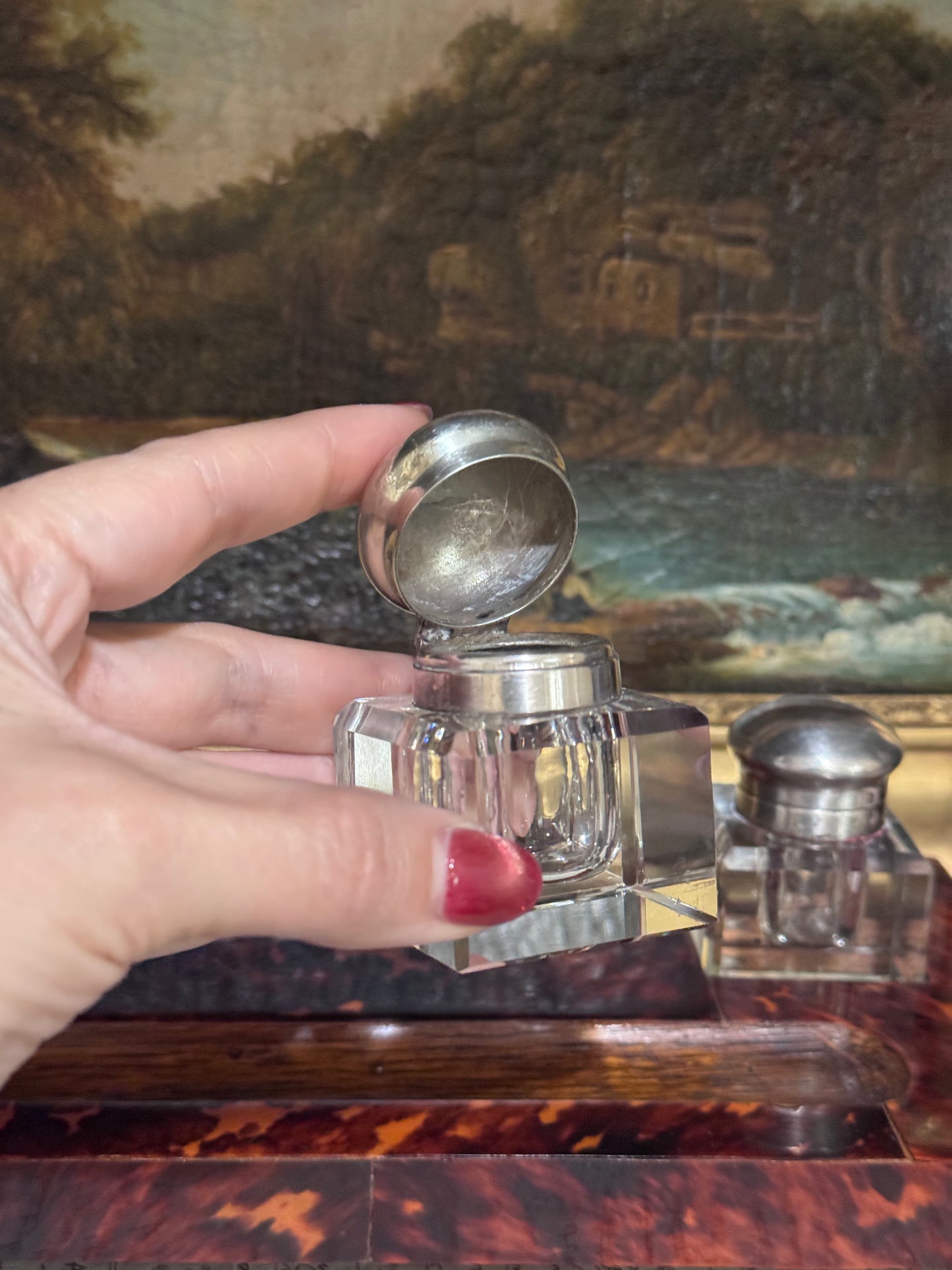 19th Century Tortoiseshell Double Inkwell with Faceted Crystal Wells