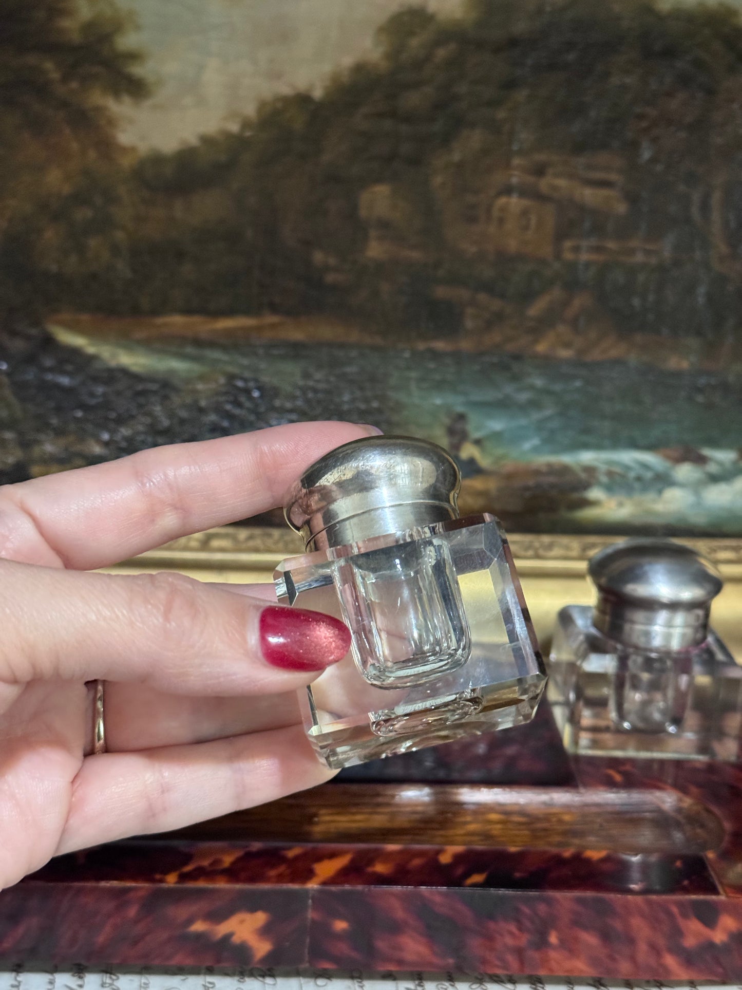 19th Century Tortoiseshell Double Inkwell with Faceted Crystal Wells