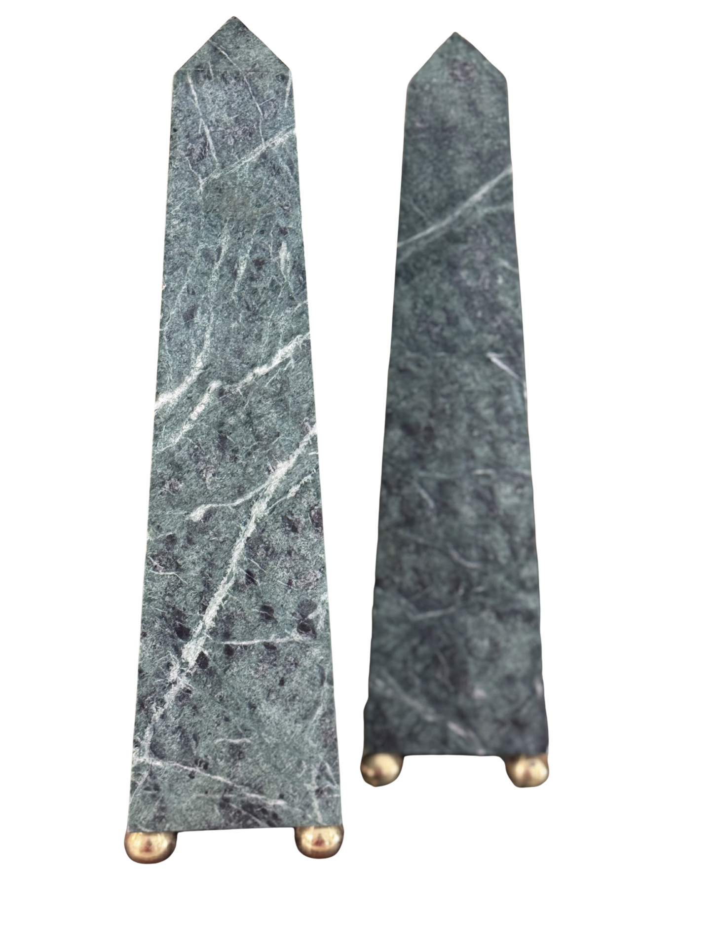 Pair of Green Marble Obelisks with Brass Ball Feet