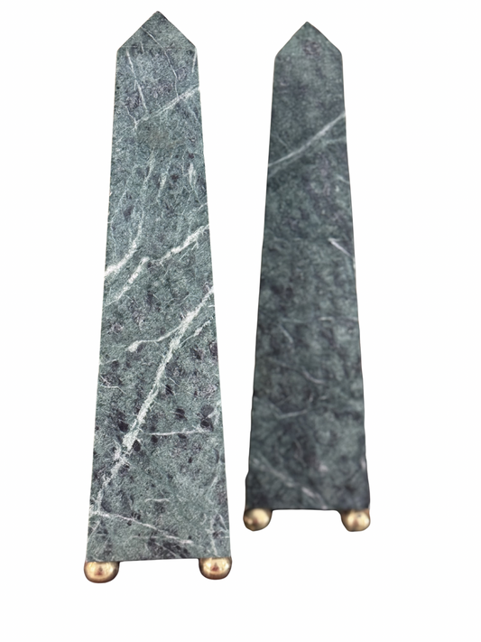 Pair of Green Marble Obelisks with Brass Ball Feet
