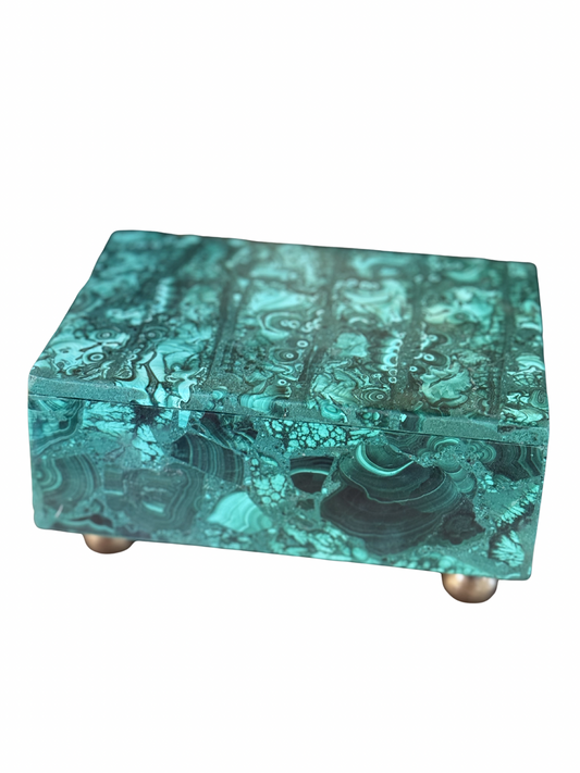 Solid Malachite Casket Box on Brass Ball Feet