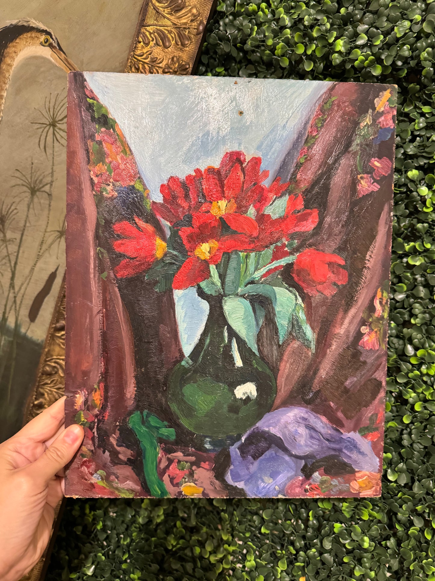 Reserved Original Parisian Oil on Board, Red Flowers