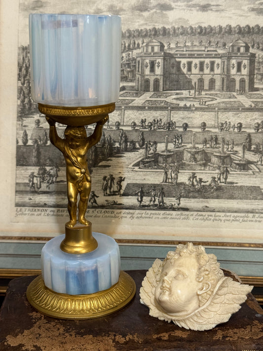 Reserved French Opaline and Gilt Bronze Cherub, 19th c. Carved Ivory Cherub
