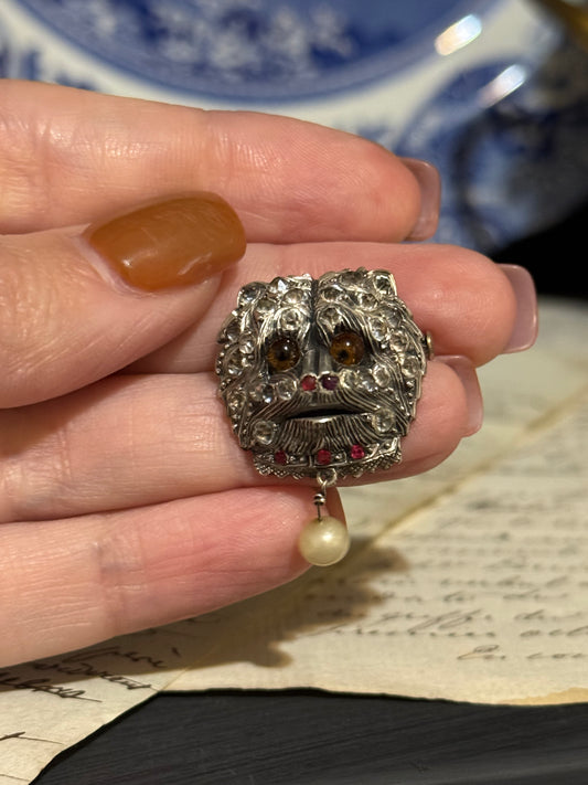 19th Century French Sterling Silver and Crystal Dog Brooch