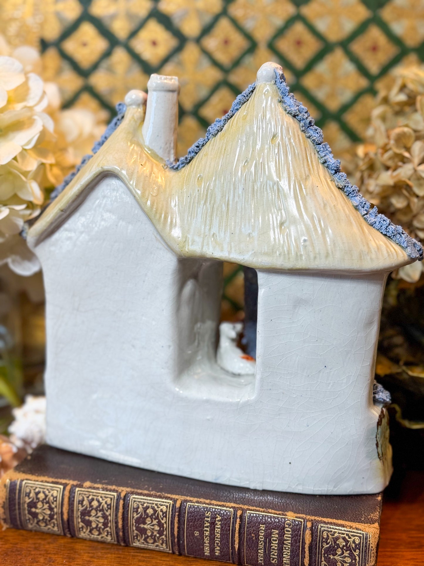 Early 19th Century English Staffordshire Pearlware Calf Barn & Cottage Antique Pottery Figurine