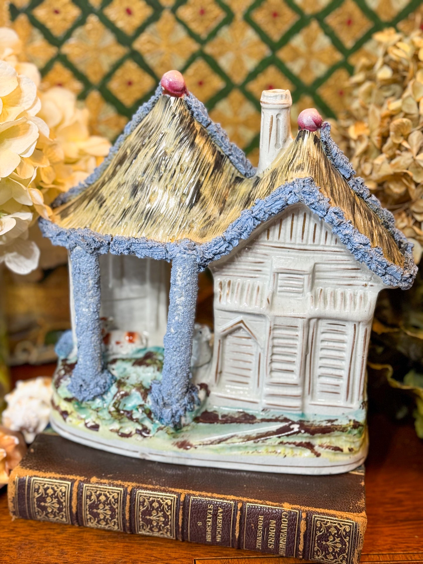 Early 19th Century English Staffordshire Pearlware Calf Barn & Cottage Antique Pottery Figurine