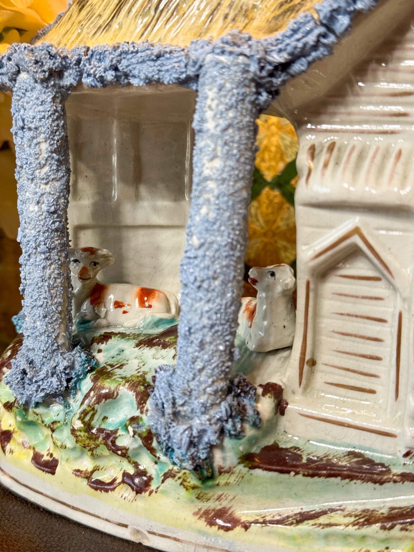 Early 19th Century English Staffordshire Pearlware Calf Barn & Cottage Antique Pottery Figurine