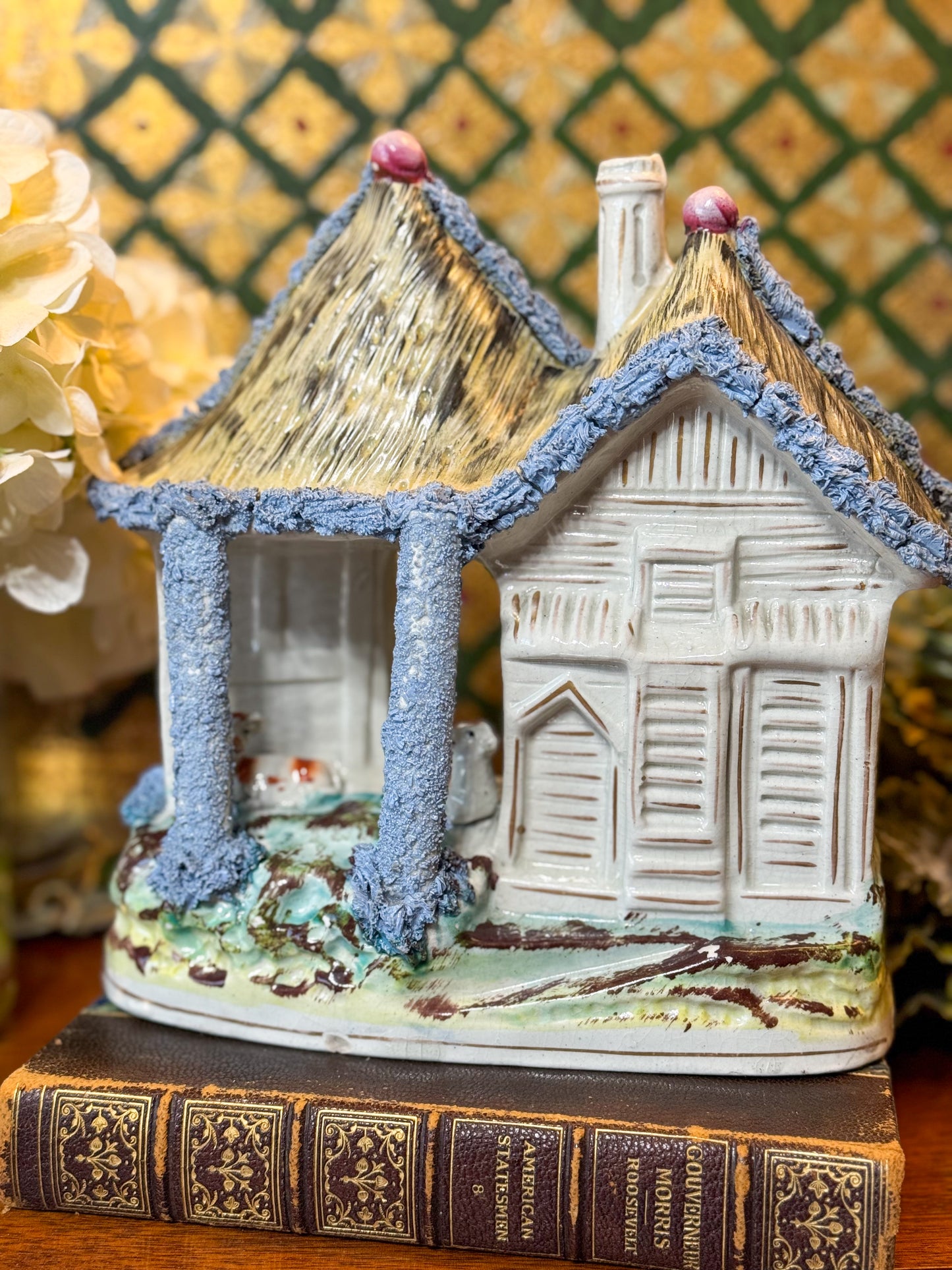 Early 19th Century English Staffordshire Pearlware Calf Barn & Cottage Antique Pottery Figurine